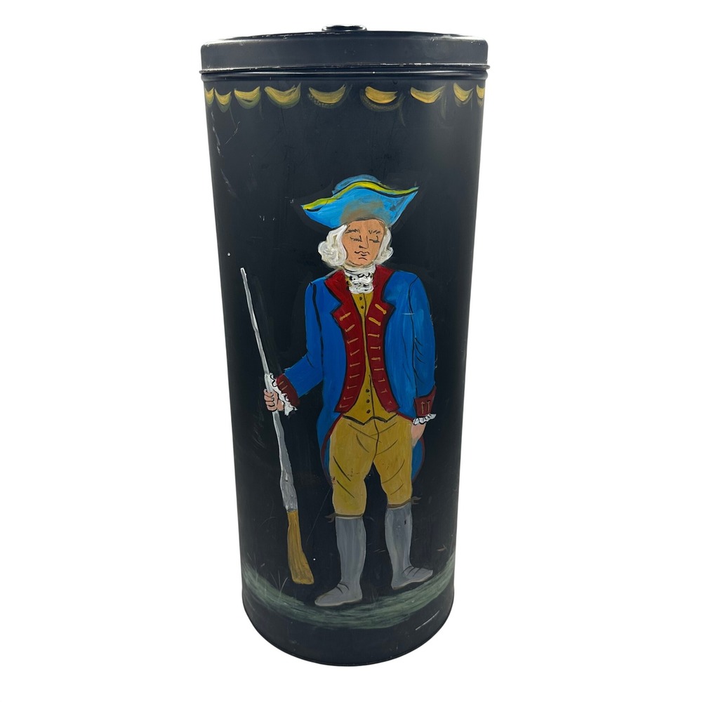 Vintage MCM Decoware Black Metal Hamper Bin Trash Can Revolutionary War Painted